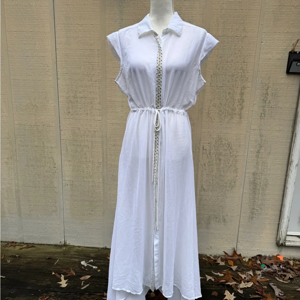 White Beaded Owl Design Short Sleeve Sheer Maxi Dress/Jacket - Picture 8 of 10